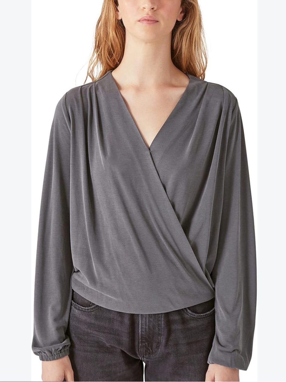 Lucky Brand soft Modal Charcoal Gray Wrap V-Neck Long Sleeve Blouse